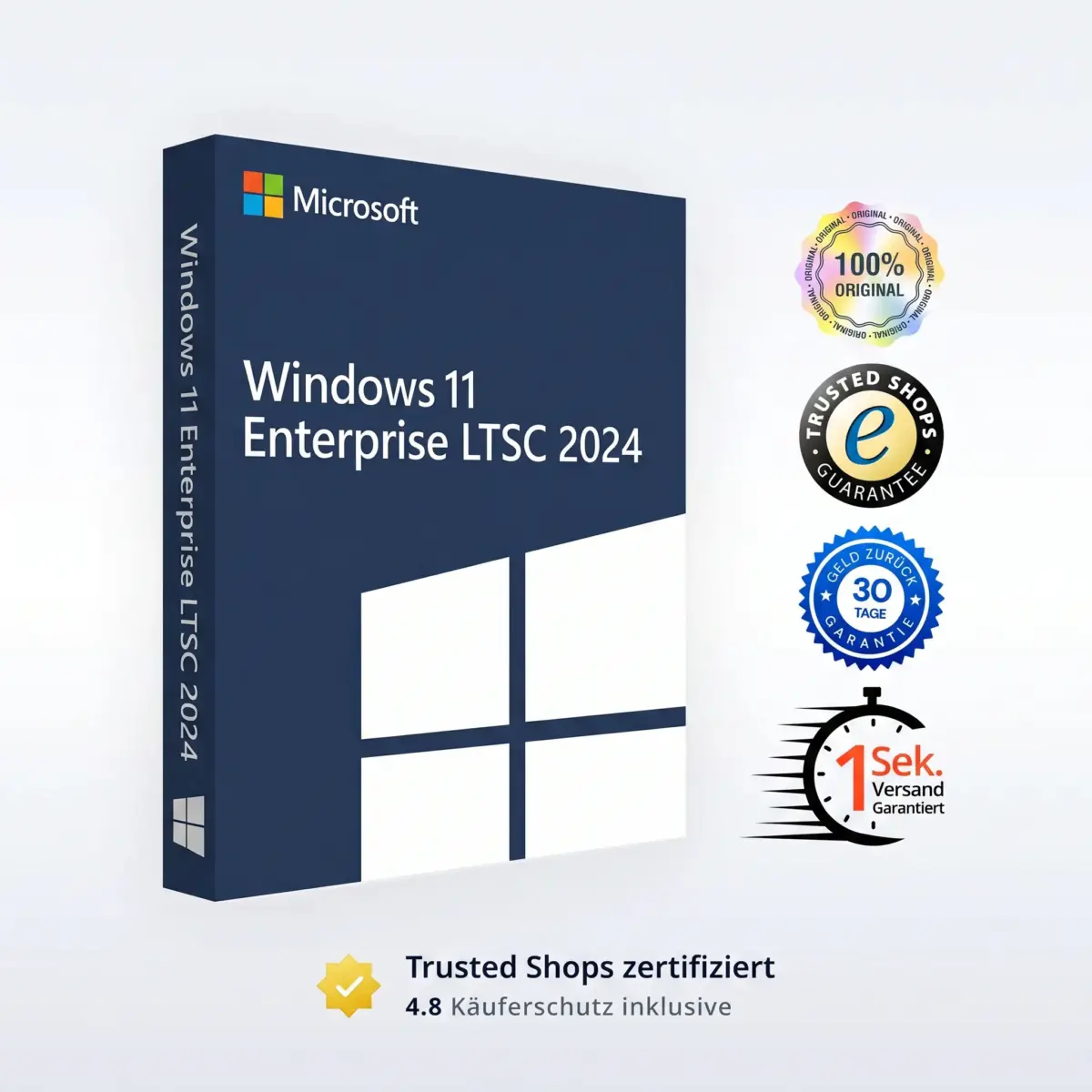 Eine Schachtel mit Windows 11 Enterprise LTSC 2024 erscheint neben Plaketten für 100 % Original, Trusted Shops-Garantie, 30-Tage-Rückgabe, sofortige Lieferung und eine 4,8-Sterne-Bewertung; auch für Windows 11 Professional wird sie angeboten.