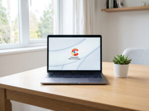 Auf einem hellen Holzschreibtisch steht ein Laptop mit dem CCleaner Professional-Logo neben einer kleinen Sukkulente im Topf, im Hintergrund sind ein Fenster und Regale zu sehen.