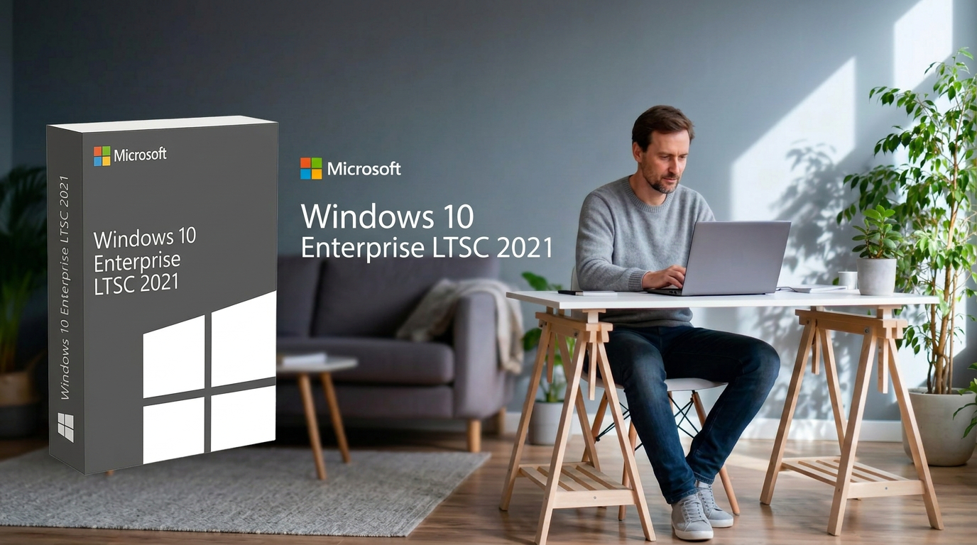 Ein Mann arbeitet an einem Tisch in einem hellen Wohnzimmer an einem Laptop, links von ihm steht ein großer Windows 10 Enterprise LTSC 2021-Rechner. Der Raum ist mit modernen Möbeln eingerichtet, im Hintergrund stehen üppige Topfpflanzen.