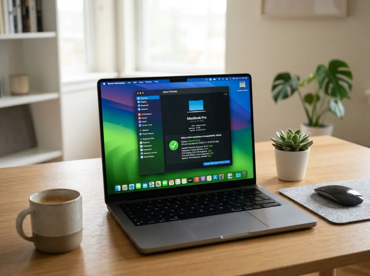 Ein MacBook Pro, auf dem Systeminformationen angezeigt werden, steht auf einem Holztisch neben einer Maus, einem Mauspad und zwei kleinen Topfpflanzen in einem hellen, aufgeräumten Raum.