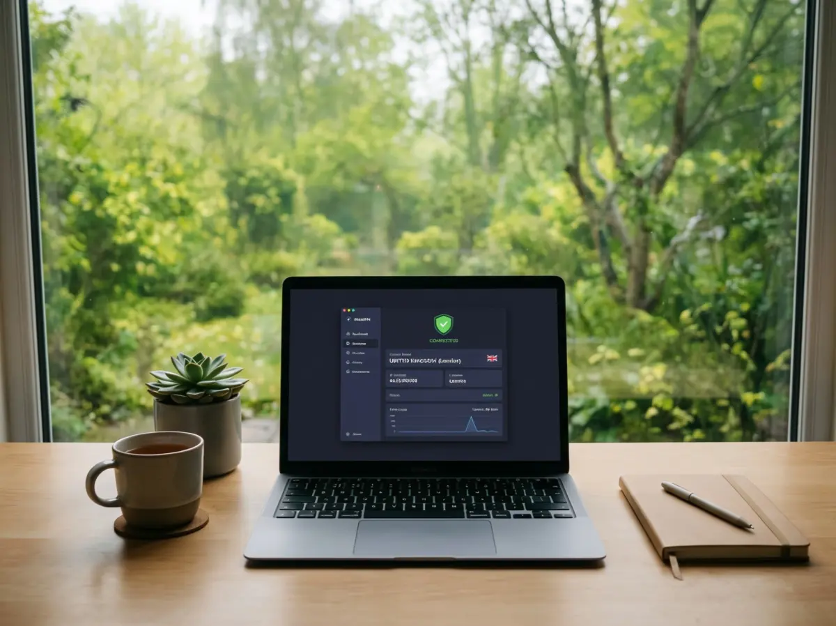 Auf einem Holztisch neben einem großen Fenster steht ein Laptop, auf dem das Programm „AVG Secure VPN“ zu sehen ist; daneben liegen eine Tasse, eine Topfpflanze, ein Notizbuch und ein Bleistift. Draußen ist üppiges Grün zu sehen.