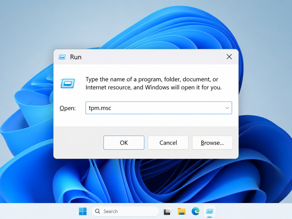 Ein Windows 11-Desktop, auf dem das Dialogfeld „Ausführen“ zu sehen ist, in dessen Feld „Öffnen“ der Befehl „tpm.msc“ eingegeben ist, darunter die Schaltflächen „OK“, „Abbrechen“ und „Durchsuchen“. Im Hintergrund ist ein blaues abstraktes Muster zu sehen.