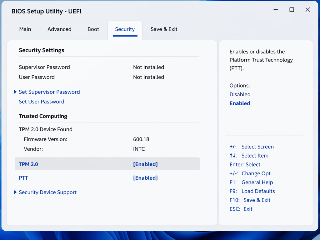 Screenshot der Registerkarte „Sicherheit“ in einem UEFI-BIOS-Setup-Programm, der zeigt, dass TPM 2.0 aktiviert ist, keine Supervisor- und Benutzerkennwörter eingerichtet sind und auf der rechten Seite verschiedene Optionen sowie Navigationshinweise angezeigt werden.