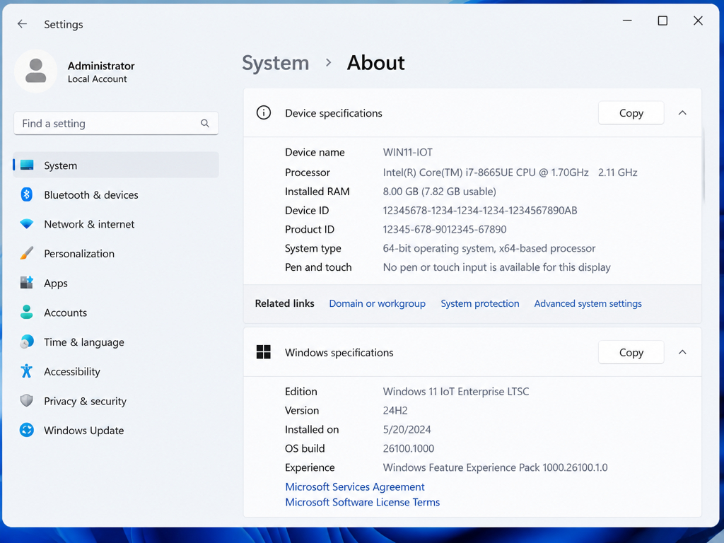 Auf dem Bildschirm „Über“ in den Windows 11-Einstellungen werden die Gerätespezifikationen angezeigt, darunter eine Intel i7-CPU, 8 GB RAM, die Geräte-ID, die Windows 11 LTSC-Edition, Informationen zum Betriebssystem-Build sowie die Lizenzbedingungen. Der Benutzer ist als Administrator angemeldet.