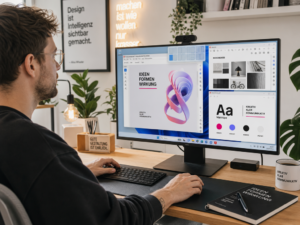 Eine Person arbeitet an einem Schreibtisch mit einem großen Monitor, auf dem Grafikdesign-Software, Farbpaletten und Typografie-Optionen zu sehen sind, in einem modernen, gut beleuchteten Büro.