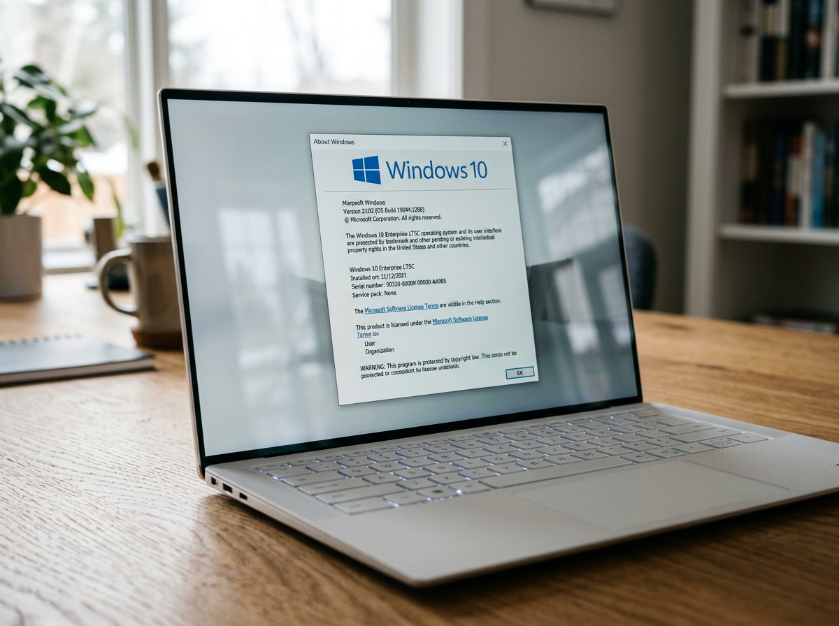 Auf einem silbernen Laptop, der auf einem Holztisch steht, ist das Dialogfeld „Über Windows“ von Windows 10 zu sehen. Im Raum befinden sich Bücherregale, eine Pflanze und im Hintergrund ein Fenster; natürliches Licht durchflutet die Szene.