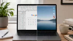 Ein Laptop-Bildschirm ist in zwei Hälften geteilt; auf der linken Seite sind zahlreiche geöffnete Browser-Tabs und Google zu sehen, während auf der rechten Seite ein aufgeräumter Desktop mit wenigen Symbolen zu sehen ist. Auf dem Holztisch stehen eine Pflanze, eine Tasse, ein Notizbuch und Bücher.