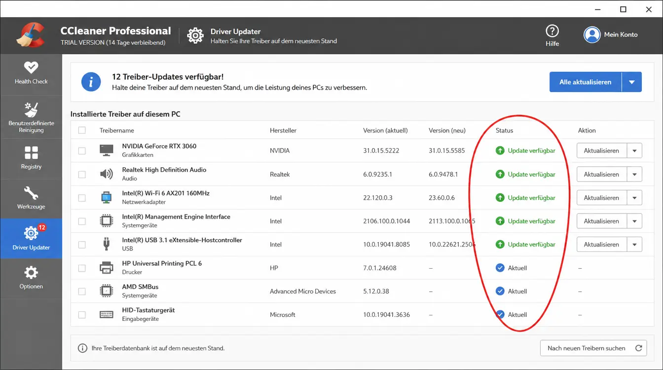 Screenshot von CCleaner Driver Updater, der eine Liste der Treiber, ihrer Versionen und ihres Status anzeigt. Die meisten Treiber sind mit grünen Häkchen als „Aktuell“ gekennzeichnet; zwei sind mit „Aktuell“ beschriftet und mit einem blauen Symbol markiert.
