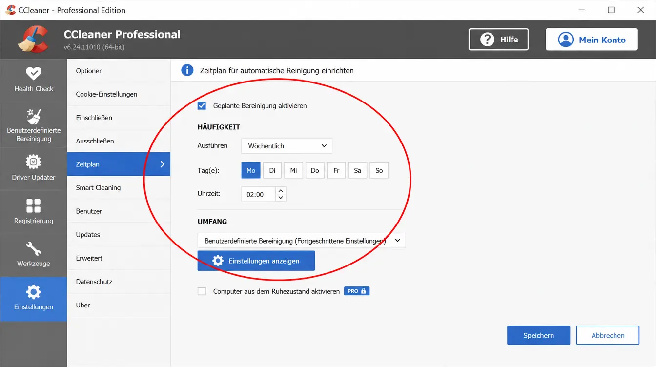 Die Zeitplan-Einstellungen von CCleaner Professional bieten Optionen zum Aktivieren der automatischen Bereinigung, zum Festlegen der Häufigkeit, zum Auswählen von Tagen und Uhrzeiten sowie zum Anpassen des Bereinigungsumfangs. Unten werden Schaltflächen zum Anzeigen der Einstellungen und zum Speichern angezeigt.