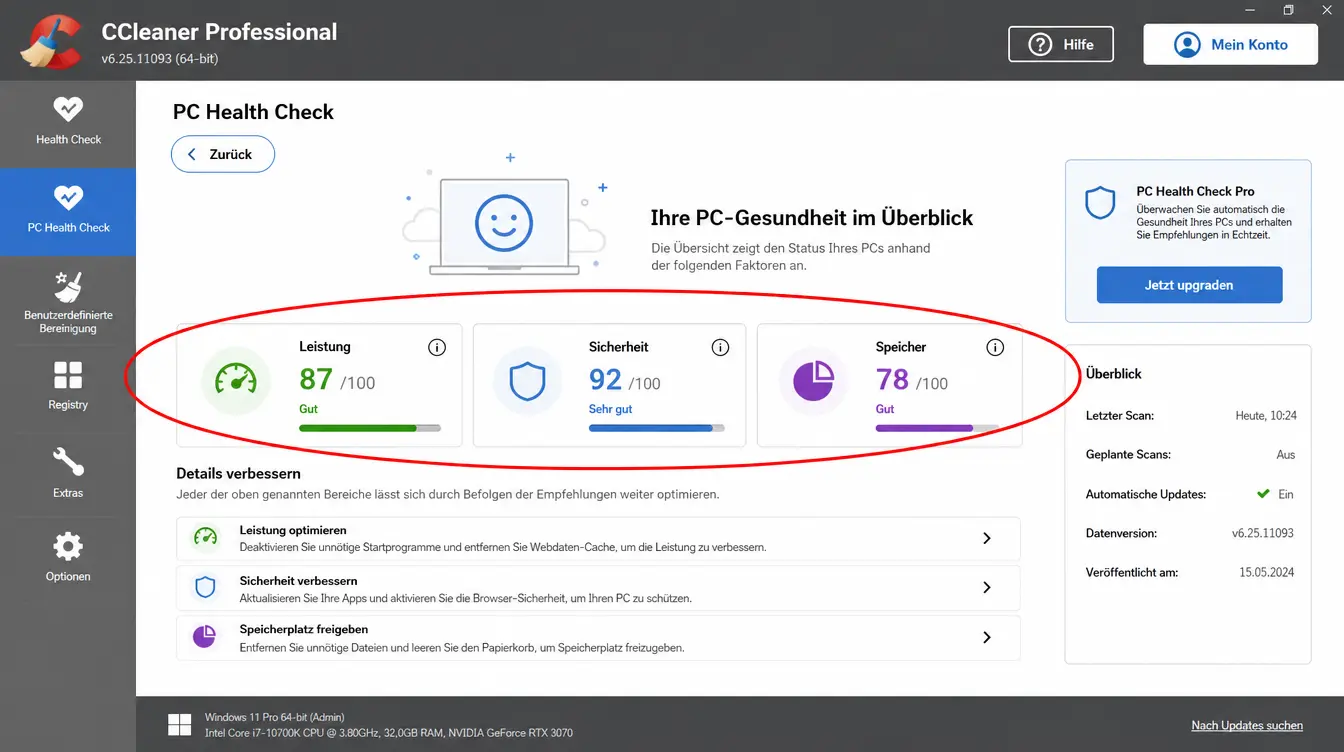 Screenshot der Seite „PC-Zustandsprüfung“ von CCleaner Professional in deutscher Sprache, auf dem die rot eingekreisten Werte für Leistung, Sicherheit und Speicherplatz zu sehen sind: 87, 92 und 78 von 100, mit Symbolen für die einzelnen Bereiche und kurzen Empfehlungen darunter.