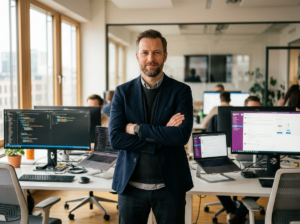 Ein Mann in Geschäftskleidung steht selbstbewusst mit verschränkten Armen in einem modernen, hellen Büro, umgeben von Schreibtischen mit Computern und Kollegen, die im Hintergrund arbeiten.