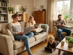 Eine vierköpfige Familie in einem gemütlichen Wohnzimmer, wobei jeder ein Gerät benutzt: Zwei Erwachsene und ein Mädchen sitzen mit Laptops und einem Handy auf dem Sofa, während ein kleiner Junge mit einem Tablet auf dem Boden liegt.