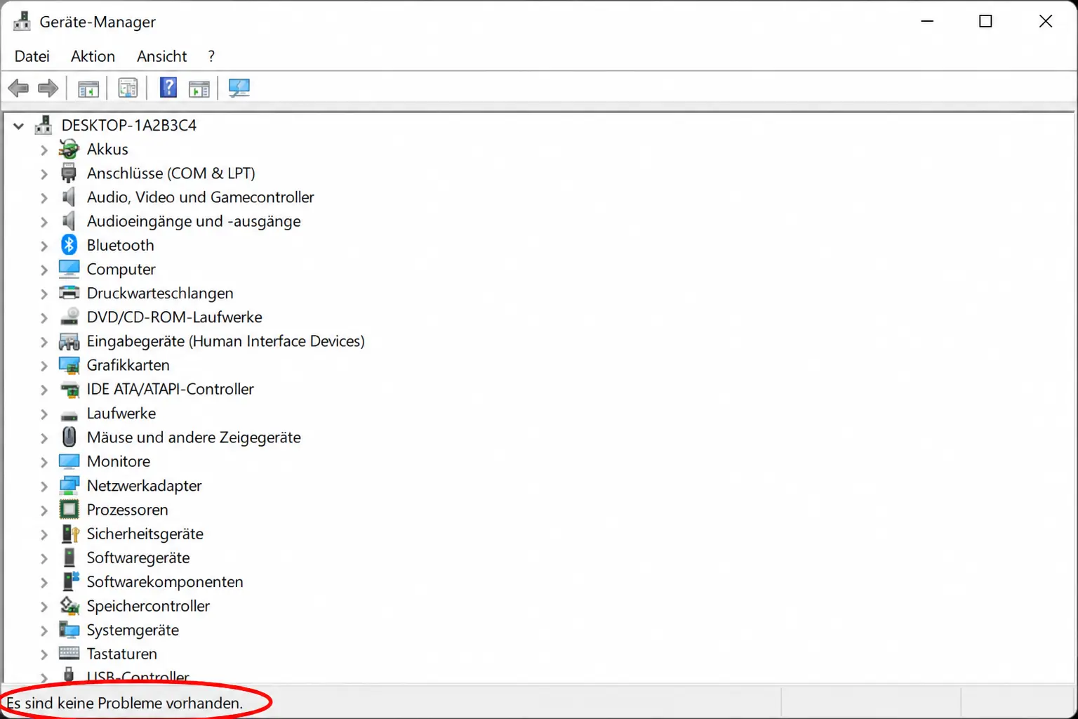 Screenshot des Windows-Geräte-Managers in deutscher Sprache, der eine Liste von Hardwarekategorien zeigt. Unten ist der Text „Es sind keine Probleme vorhanden“ zu lesen, was darauf hinweist, dass keine Probleme vorliegen.