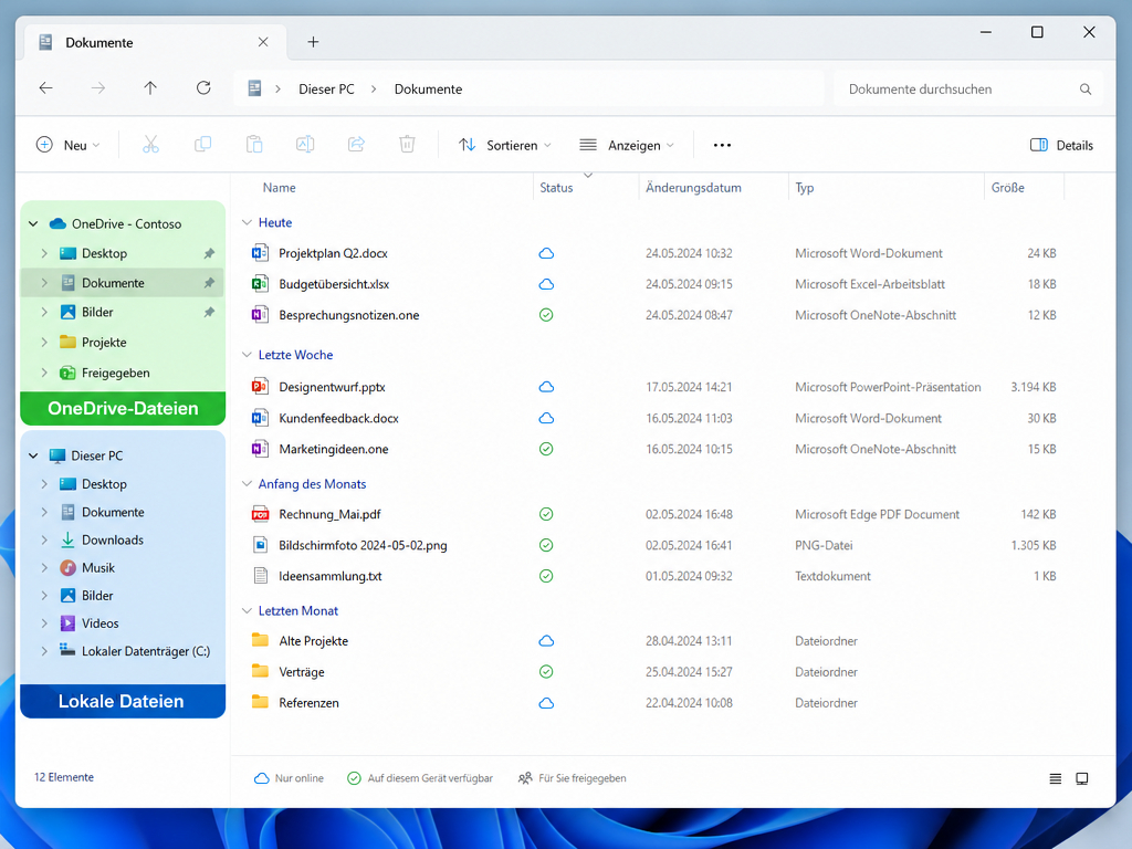 In einem Windows-Datei-Explorer-Fenster werden Ordner und Dateien unter „Dokumente“ angezeigt, wobei OneDrive- und lokale Dateien im linken Bereich aufgelistet sind und Dateidetails wie Name, Datum und Typ im Hauptbereich angezeigt werden.