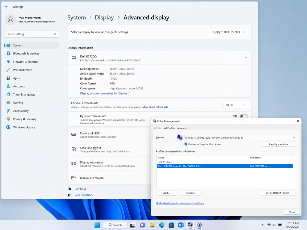 Die Anzeigeeinstellungen von Windows 11 zeigen erweiterte Anzeigeinformationen für einen Dell U2720Q-Monitor sowie ein geöffnetes Fenster „Farbmanagement“ mit einem ausgewählten Farbprofil an.