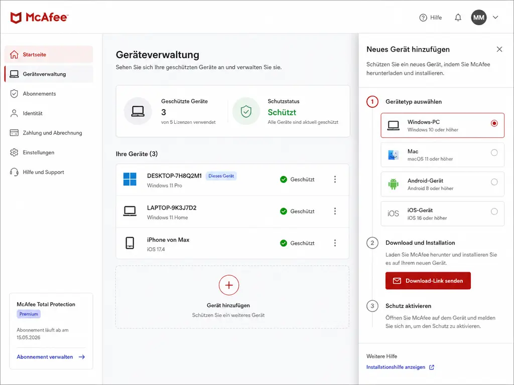Screenshot der McAfee-Geräteverwaltungsseite auf Deutsch, auf der links eine Liste der geschützten Geräte und rechts Optionen zum Hinzufügen eines neuen Geräts – darunter Windows-PC, Mac, Android und iOS – angezeigt werden.