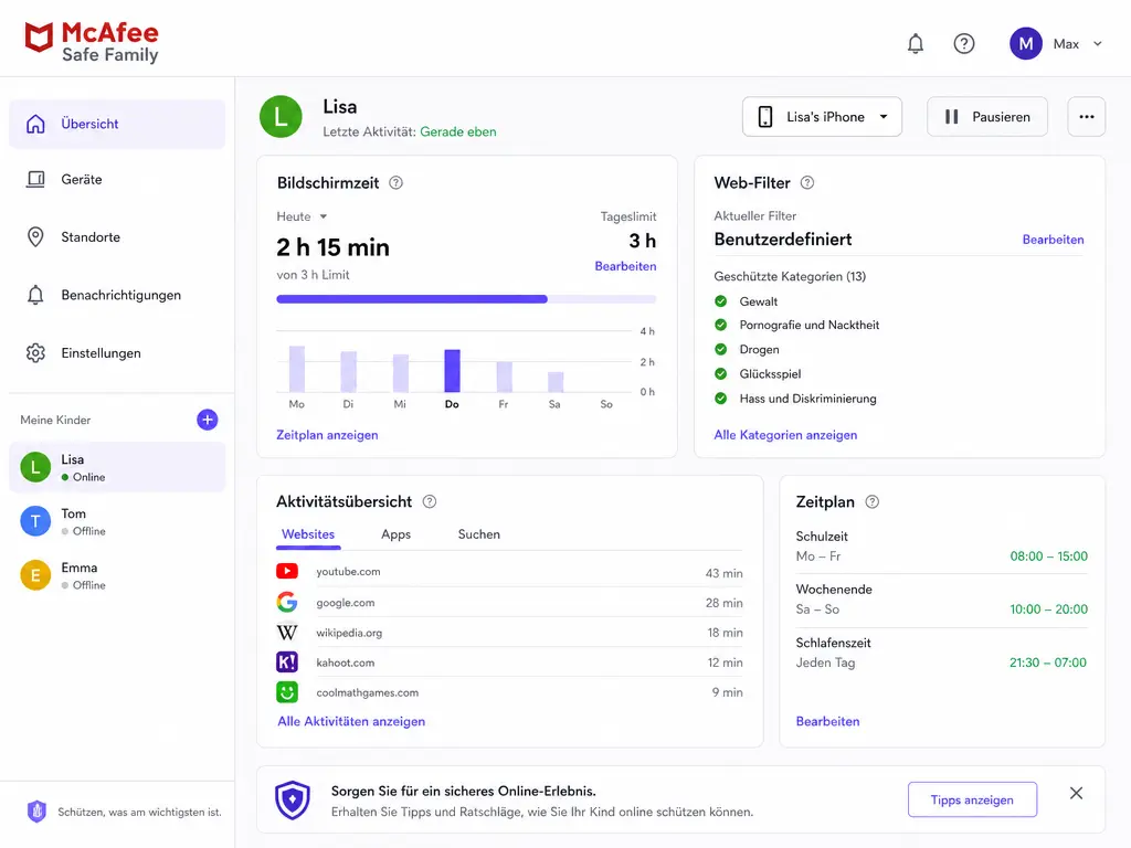 Screenshot des McAfee Safe Family-Kontrollpanels für die Kindersicherung, das die App-Nutzung, die Bildschirmzeit, die Einstellungen des Webfilters, den Aktivitätsverlauf und den Zeitplan für eine Nutzerin namens Lisa anzeigt. Auf der Benutzeroberfläche sind zahlreiche Optionen und Details zu sehen.