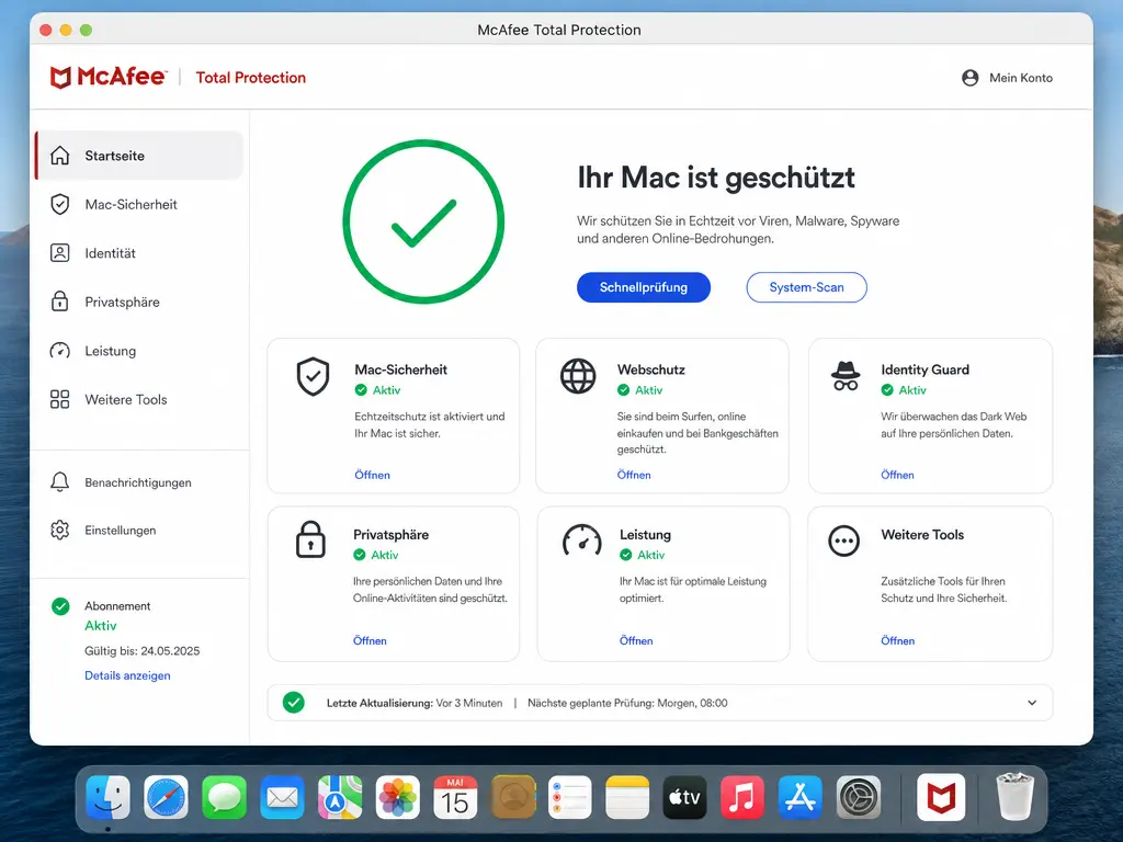 Screenshot der McAfee Total Protection-App auf einem Mac, auf dem die Meldung „Ihr Mac ist geschützt“ mit einem großen grünen Häkchen sowie verschiedene Sicherheitsoptionen und Symbole zum Systemstatus zu sehen sind.