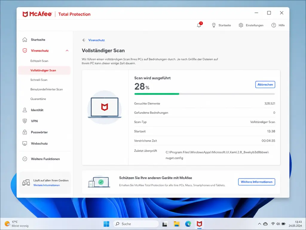 In einem Fenster von McAfee Total Protection wird angezeigt, dass ein vollständiger Scan zu 28 % abgeschlossen ist, bei dem Dateien auf einem Windows-Computer auf Bedrohungen überprüft werden. Die Schaltflächen und Menüs sind auf Deutsch.