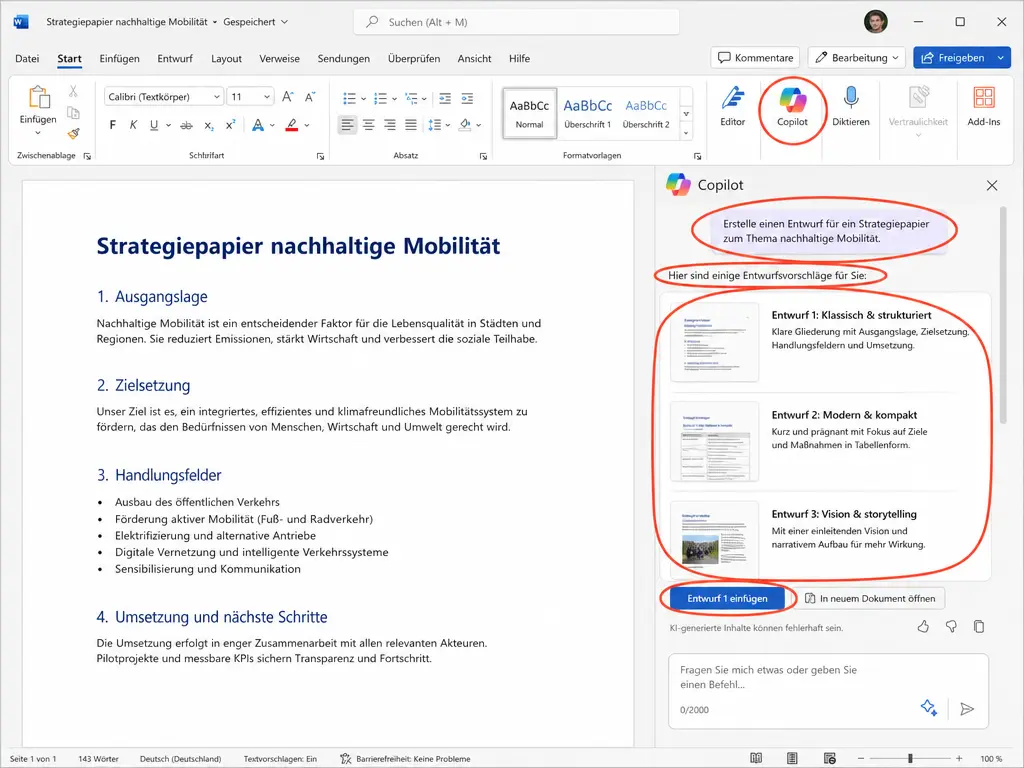 In einem Microsoft Word-Fenster wird der Entwurf eines Strategiepapieres auf Deutsch angezeigt, wobei Copilot im rechten Bereich alternative Entwürfe vorschlägt. Rote Kreise heben Schaltflächen und Funktionen im Copilot-Bereich hervor.