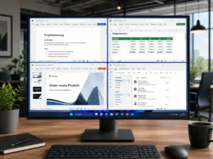 Auf einem Computermonitor auf einem Schreibtisch sind vier Fenster zu sehen: ein Dokument, eine Tabellenkalkulation, eine Präsentation und ein E-Mail-Programm. Im Hintergrund des Büros sind große Fenster, Pflanzen und moderne Möbel zu sehen.