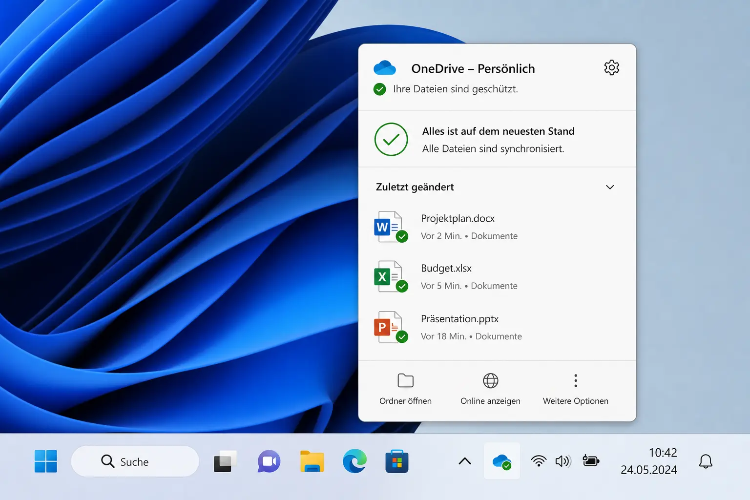 Ein Windows 11-Desktop, auf dem das OneDrive-Statusfenster mit synchronisierten Dokumenten, darunter Word-, Excel- und PowerPoint-Dateien, angezeigt wird. In der Taskleiste sind verschiedene App-Symbole zu sehen, und der Hintergrund ist mit einem blauen Wirbelmuster gestaltet.