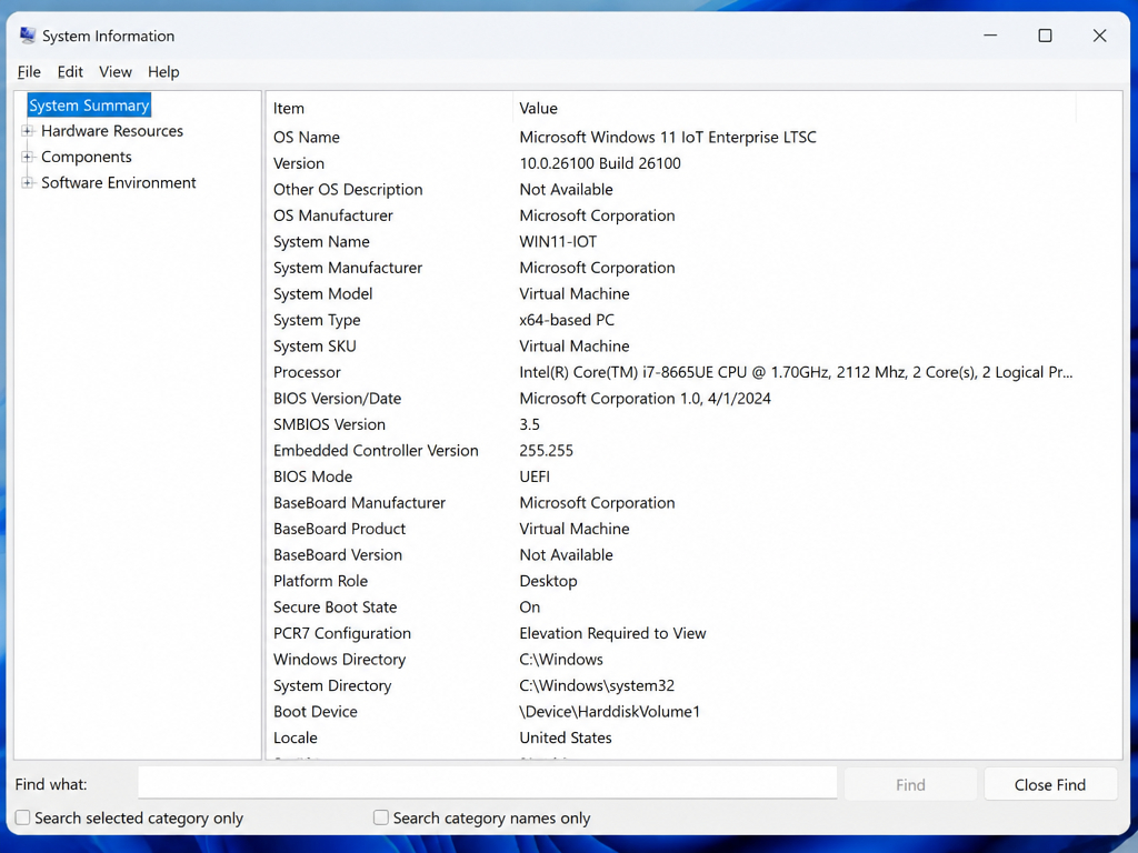 Ein Screenshot des Fensters „Windows-Systeminformationen“, in dem Details wie der Name des Betriebssystems (Windows 11 IoT Enterprise LTSC), die Version, der Hersteller, das Systemmodell (virtuelle Maschine), die BIOS-Version und die Hardware-Spezifikationen angezeigt werden.
