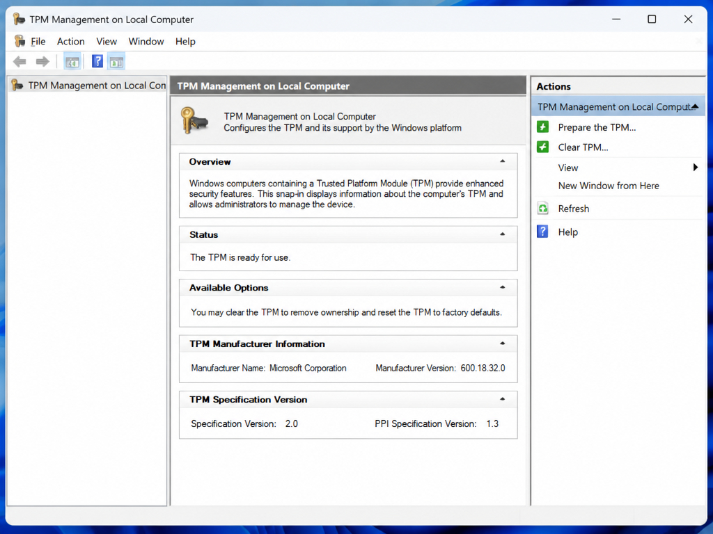 Screenshot des Fensters „TPM-Verwaltung auf dem lokalen Computer“ unter Windows, in dem der TPM-Status als „bereit“ angezeigt wird, sowie Herstellerangaben und Spezifikationsversionen, wobei die Aktionen in einer rechten Seitenleiste aufgelistet sind.