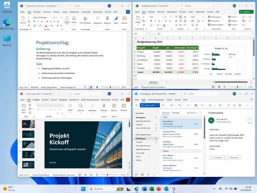 Windows-Desktop mit vier geöffneten Anwendungsfenstern: ein Projektvorschlag, eine Budget-Tabelle, eine Präsentation zum Projektstart und ein E-Mail-Client, in dem Projektaktualisierungen angezeigt werden. Die Taskleiste und der Infobereich sind sichtbar.