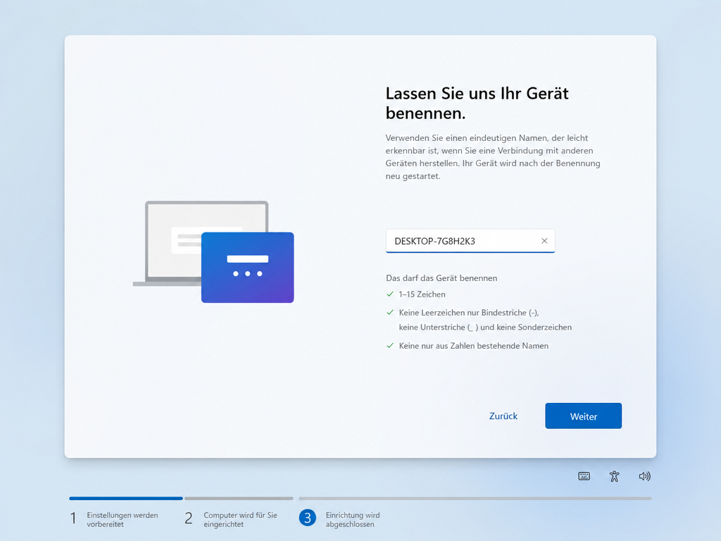 Ein Windows-Setup-Bildschirm in deutscher Sprache fordert den Benutzer auf, seinem Gerät einen Namen zu geben, und zeigt ein Textfeld mit einem Standardgerätenamen, Anweisungen sowie den Navigationsschaltflächen „Zurück“ und „Weiter“ an. Der Fortschritt wird unten angezeigt.