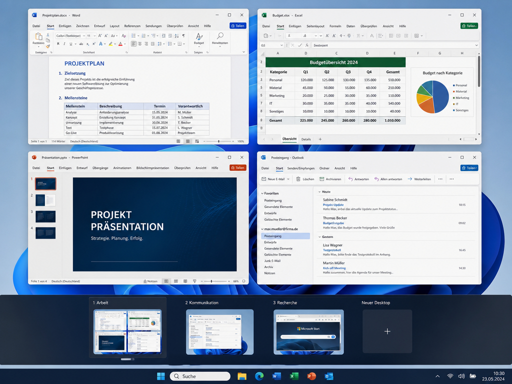 Windows-Desktop mit vier geöffneten Anwendungen: ein Projektplan in Word, ein Budgetbericht in Excel mit einem Kreisdiagramm, eine PowerPoint-Präsentation und ein E-Mail-Posteingang in Outlook. In der Taskleiste am unteren Bildschirmrand werden virtuelle Desktops angezeigt.