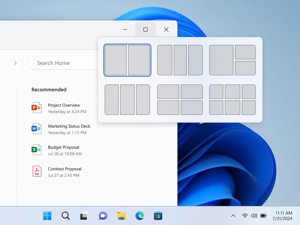 Auf einem Windows 11-Desktop ist das Startmenü mit den zuletzt verwendeten Dokumenten zu sehen, und das Menü „Fensteranordnung“ ist geöffnet, das verschiedene Optionen zur Anordnung der Fenster bietet. Die Taskleiste und die Systemuhr sind am unteren Bildschirmrand zu sehen.