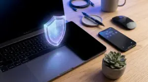 Über der Tastatur eines Laptops auf einem Holztisch schwebt das Symbol eines digitalen Schutzschilds; daneben liegen ein Smartphone, eine Maus, ein Stift, ein Notizbuch, eine Kaffeetasse, eine Sukkulente und Ladekabel – als Symbol für Cybersicherheit oder Datenschutz.