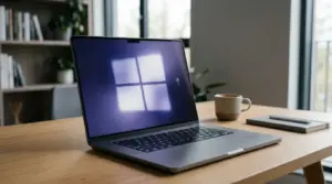 Auf einem Laptop, der auf einem Holztisch steht, ist das Windows-Logo auf dem Bildschirm zu sehen. Daneben liegen ein geschlossenes Notizbuch und ein Stift. Im Hintergrund sind große Fenster mit einem verschwommenen Blick ins Freie zu sehen.