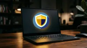 Auf dem Bildschirm eines Laptops, der auf einem Holzschreibtisch steht, ist ein großes Schildsymbol zu sehen, das für Cybersicherheit oder Virenschutz steht. Der Hintergrund ist sanft beleuchtet, und man erkennt eine Pflanze sowie Regale.