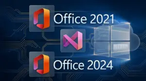 Die Logos für Office 2021, Office 2024 und Visual Studio werden vor einem digitalen Hintergrund mit einem Windows-Logo und Schaltkreisen dargestellt, die für Software- und Technologie-Updates stehen.
