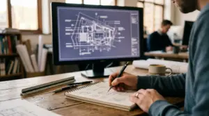 Eine Person skizziert an einem Schreibtisch in einem Notizbuch Architekturpläne, während im Hintergrund auf einem Computerbildschirm detaillierte Baupläne zu sehen sind.