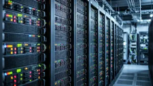 Reihen schwarzer Server-Racks mit bunten Kontrollleuchten in einem modernen Rechenzentrum; Kabel und Leitungen sind sichtbar und schaffen eine Hightech-Atmosphäre.